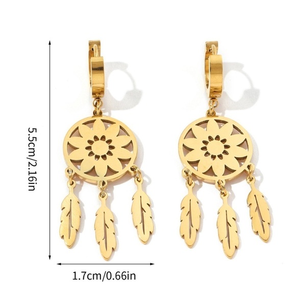 New Gold Dream Catcher Feather Frnged Alloy Dangle Earring 0S - Picture 3 of 4